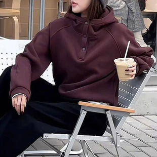 Purple High Collar Sweater plus size American Style fleece-lined Hooded Top Women's Loose Half Open Collar Casual oversize Jacket