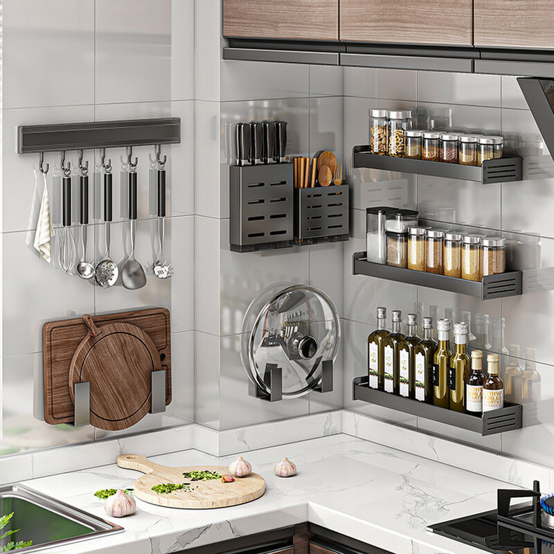 Kitchen Rack Stainless Steel Spice Rack Wall-Mounted Knife Rack Supplies Household Multi-Functional All-In-One Storage Rack