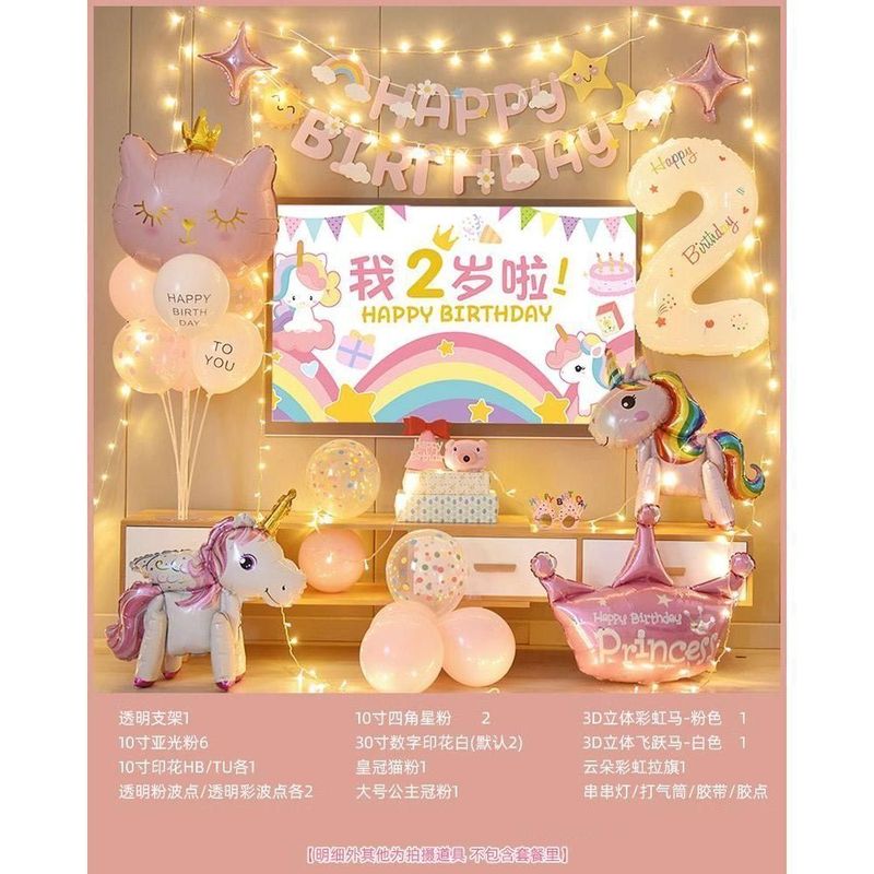 独角兽女孩生日装饰场景布置电视投屏儿童周岁卡通背景墙宝宝套餐|undefined