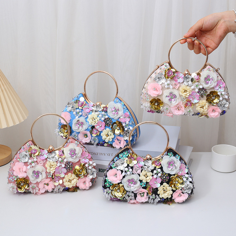 Cross-Border Clutch Bag for Women, Elegant Evening Bag, Sweet Floral Princess Flower Bag, Dress Bridesmaid Bag