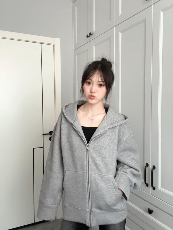 2025新款纯色连帽卫衣外套灰色开衫女春秋休闲宽松韩系慵懒风上衣|undefined