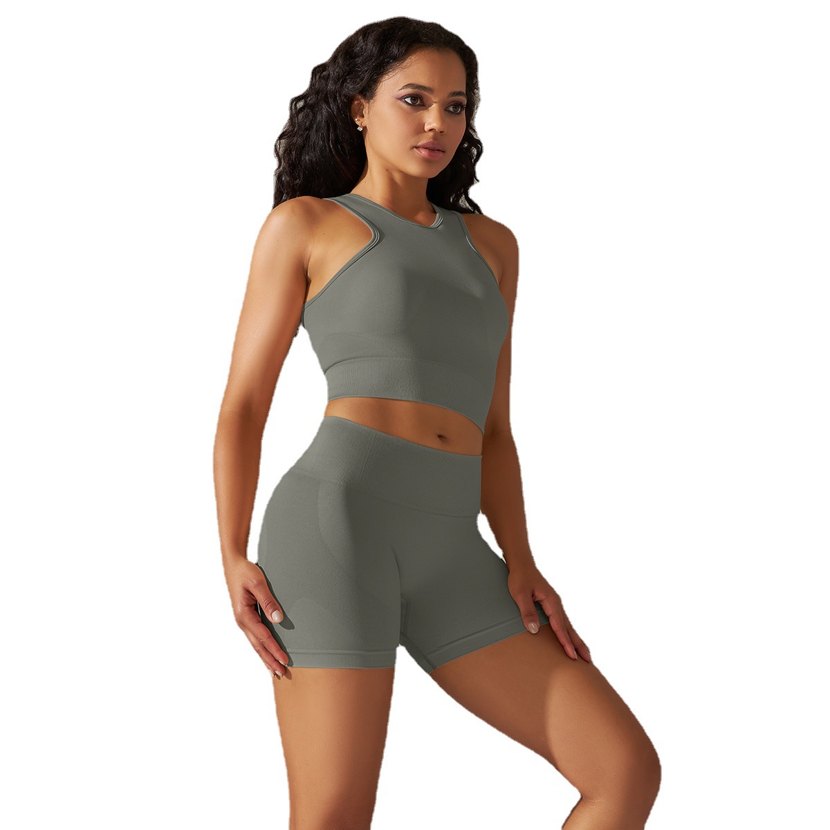 Las mujeres transfronterizas de punto sin costuras chaleco de color sólido pantalones cortos de levantamiento de cadera traje de yoga deportes correr fitness yoga ropa para mujeres