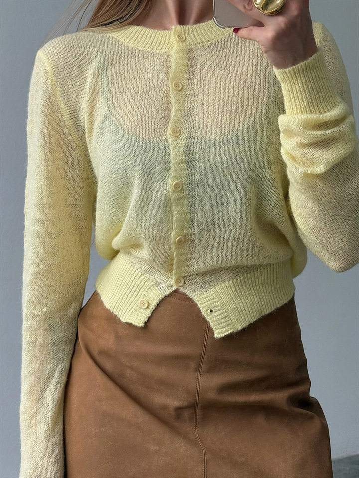 Áo cardigan len nữ dệt kim mỏng cổ tròn dáng rộng phối nút — Vàng nhạt, màu hồng, màu nâu, trắng chi tiết 7