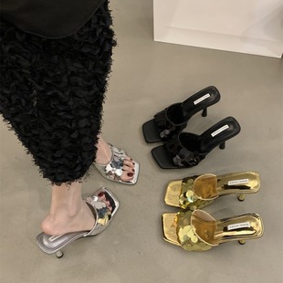 2024 Summer New Niche Sense Sandals and Slippers Outer Wear Thin Heel Sequin High Heel Sandals Women's Shoes