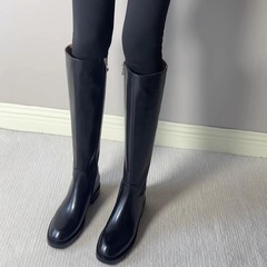 羊皮版~简约真皮侧拉链厚底高筒靴女粗跟长靴不过膝长筒靴骑士靴