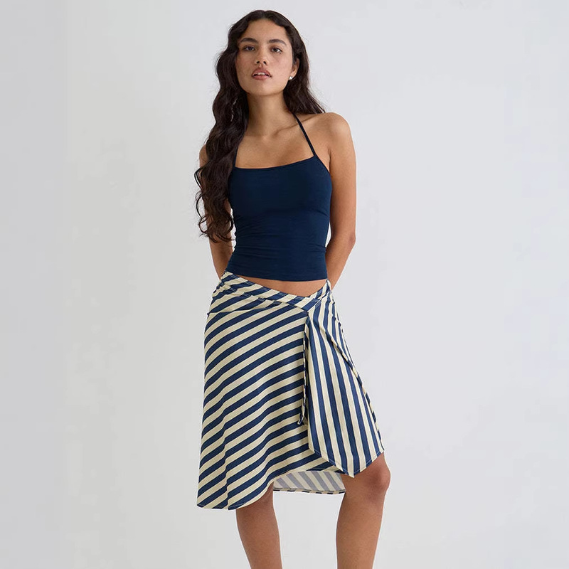 Elegant European and American Style Striped Skirt, Irregular Hem, Slimming and Hip-Covering Mid-Length A-Line Skirt