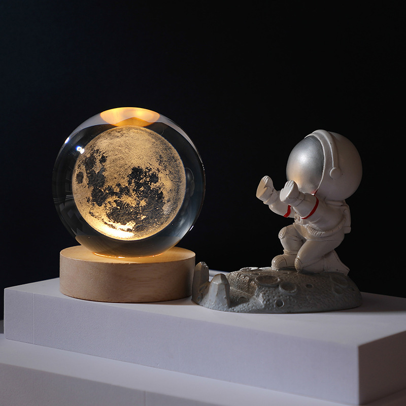 クロスボーダー発光台座3d内彫刻水晶玉銀河太陽創意デスクトップ置物ガラス水晶玉小夜灯|undefined