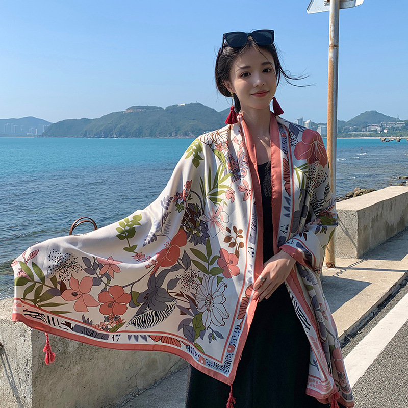 Summer new natural flower sunscreen beach towel, versatile and fashionable long shawl, seaside vacation travel photo