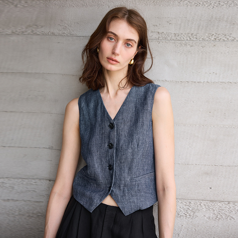 High-End V-Neck Color-Woven Pure Linen Vest for Women, Niche Commuter Vest, Summer Old Money French Style Short Vest