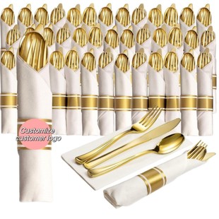 Wholesale In-Stock Gold Disposable Uv Electroplated Cutlery Set with Dust-Free Paper Towel Roll for Birthday Wedding Party