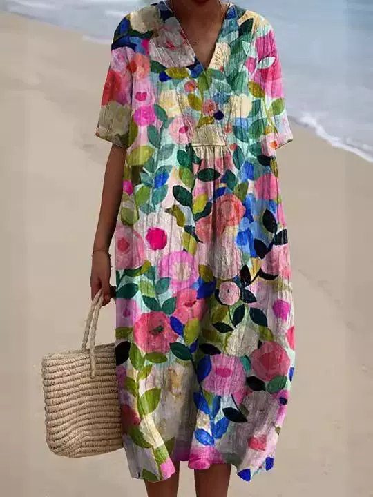 2025夏季宽松印花连衣裙大码女装通勤休闲沙滩度假短袖长袍外贸