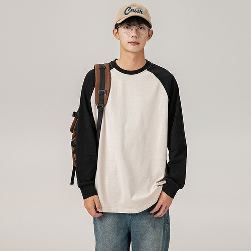 American style patchwork drop-shoulder hoodie for men, INS trendy brand, autumn daywear round neck base shirt, loose large size long-sleeve T-shirt