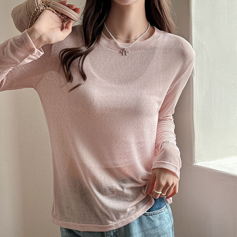 Strict Selection of Sunscreen Blouse Long-sleeved T-shirt Women's Korean Style Loose Casual Lazy Style Slightly Transparent Crewneck Top Air-conditioning Shirt Ins