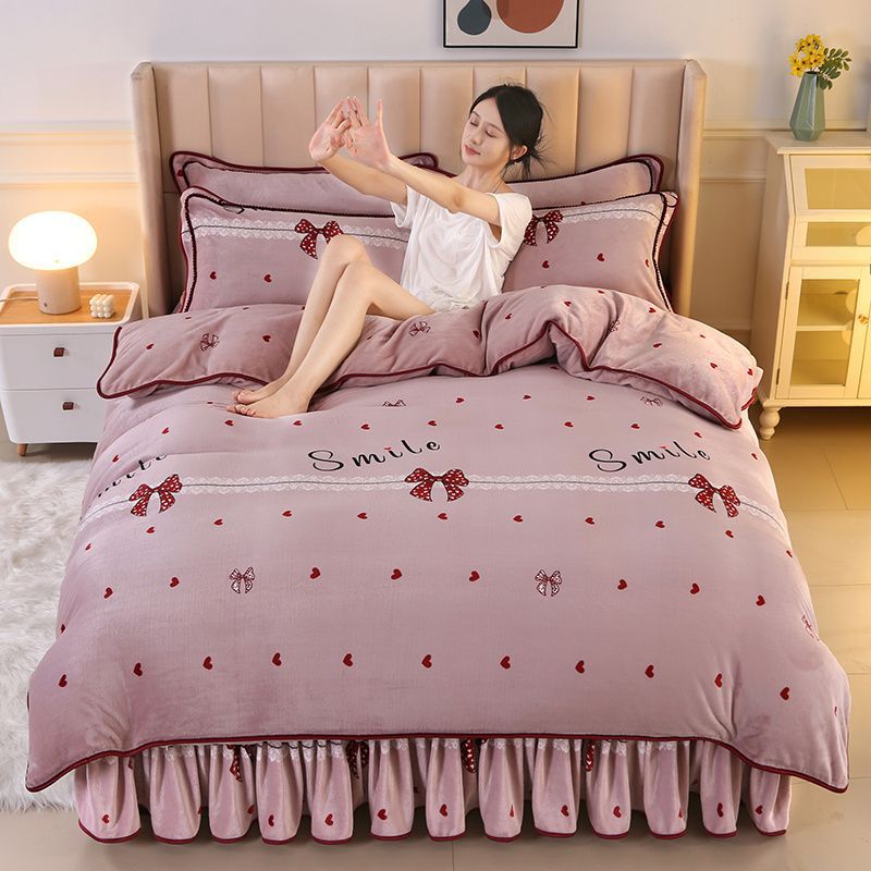 冬季高档加厚牛奶绒四件套双面加绒保暖珊瑚绒被套床上用品床裙款