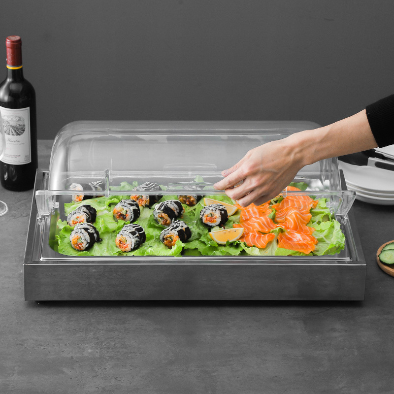 Stainless steel fresh display counter Western restaurant Japanese restaurant raw meat sushi salmon seafood buffet restaurant cold ice counter