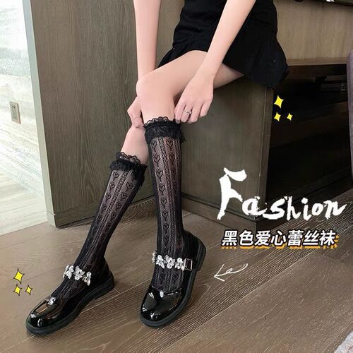 Japanese-style mid-calf socks with lace trim for Lolita style; women's Instagram-inspired summer thin socks in jk schoolgirl style.