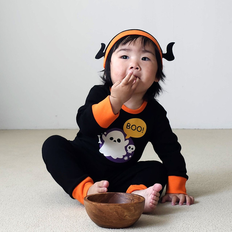 2025 韓国スタイルベビー長袖スーツハロウィンテーマ漫画プリント子供の長袖ズボン外出服|undefined