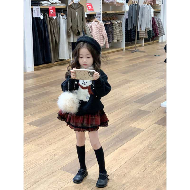 CHERRYCOCO GIRL의 중공업 GOUHUA BEAR 니트 옷깃 스웨터 기모 레이스 엣지 유료 스커트 2 피스 세트