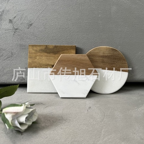 厂家供应跨境相思木拼大理石杯垫圆形方形六边形拼接木杯垫隔热垫