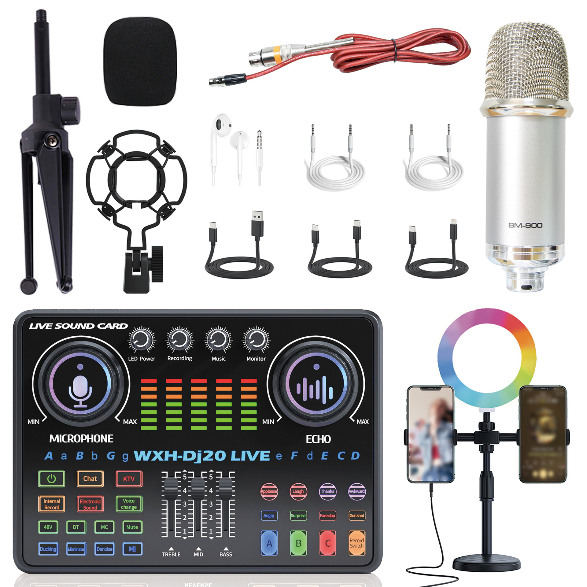 Portable Dj20 Mixer Sound Card with 48V Microphone for Studio Live Sound Card Live Broadcast Equipment