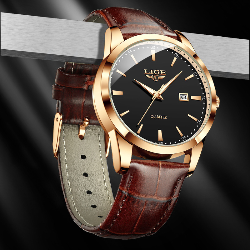 LIGE/New Men's Quartz Watch Single Calendar Three-pin Leather Belt Waterproof Luminous Sports Watch for Students