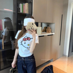 ANNESHOP [Sweet Meow Attack] 夏新作 スリム ラウンドネック キティ 半袖 プリント ガーデンカラー Tシャツ トップス レディース