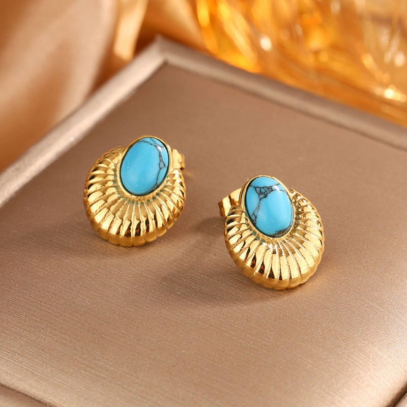 9g Weight 304 Stainless Steel Ear Needle Material 18K Gold Plated Plating Material Earrings, Ear Studs Classification 1 Pair Quantity Party, Tea Party Occasion 304 Stainless Steel, turquoise Material Geometric Pattern All Seasons Season Women's Gender Retro, Classic Style Style 1 Pair Retro Classic Style Geometric 304 Stainless Steel Turquoise 18K Gold Plated Earrings Ear Studs 17