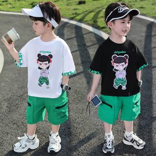Boys Summer Clothes with Green Characters Nezha Short-Sleeved Suit Kidsren's Handsome Trendy Sports Two-Piece Set Baby Clothes for Boys