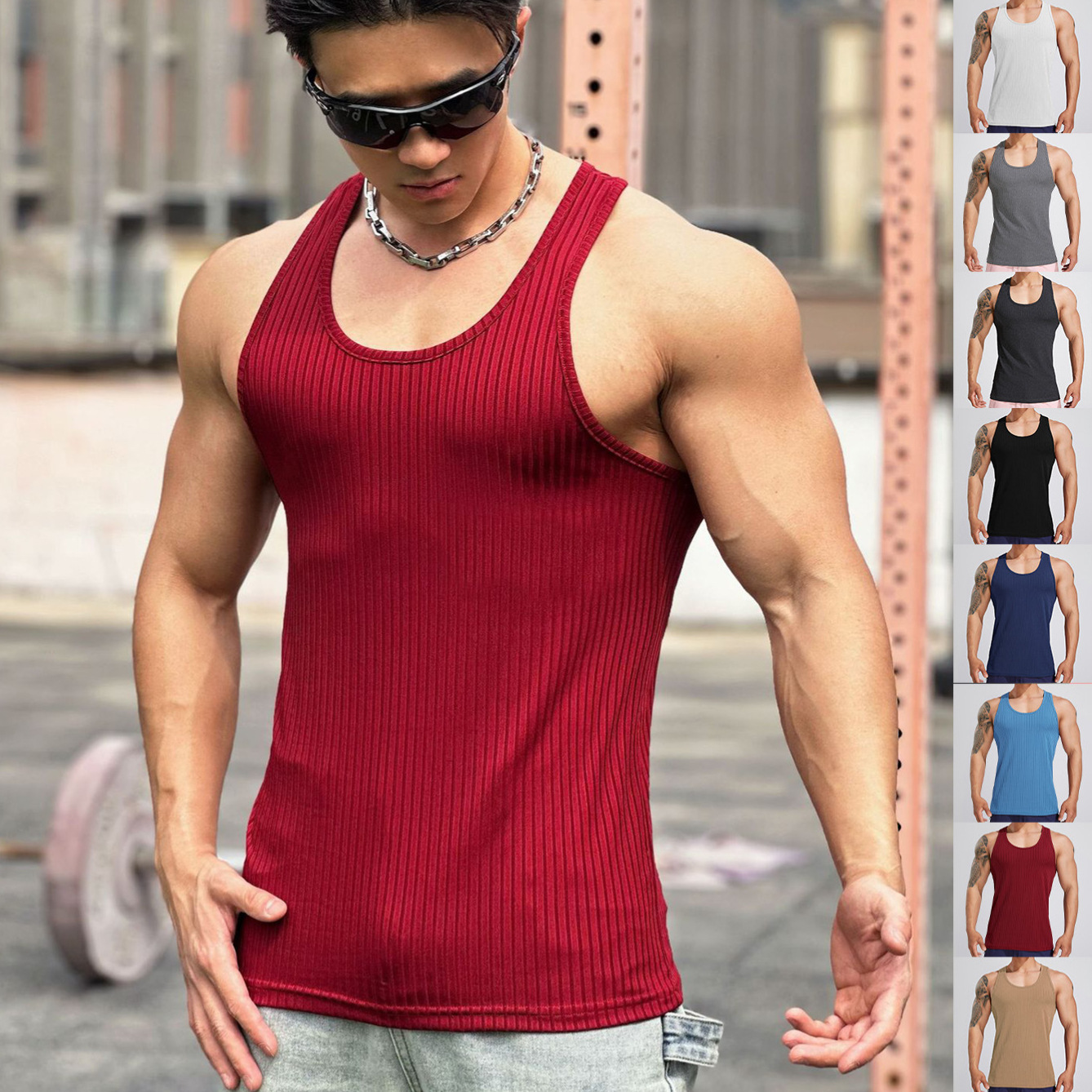 Cross-Border Solid Color Muscle Men's Summer Sports and Leisure Fitness Solid Color Racer Vest Men's One-Piece Drop Shipping