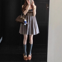 贝妮时报 miu系设计感格纹拼接吊带连衣裙女短裙