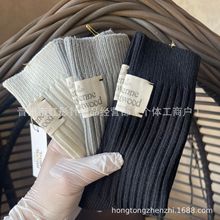 出口日单西太后土星标刺绣袜子双针宽坑条布标纯色粗针秋冬中筒袜