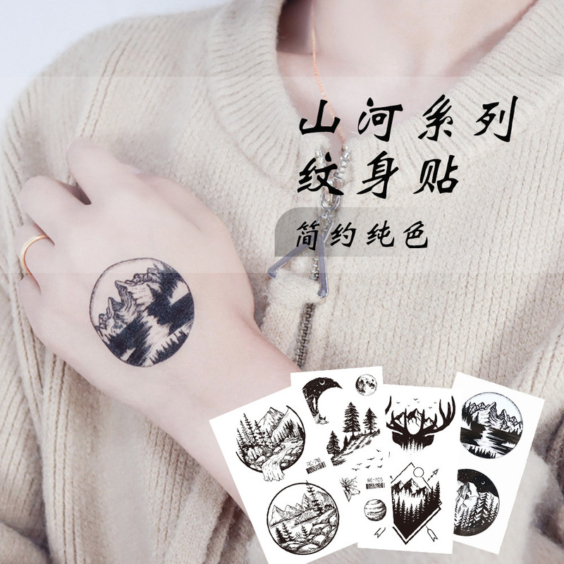 Ruikalong Cross-Border Natural Scenery Temporary Tattoo Simple Mountain and River Tattoo Sticker Waterproof Black Line Body Painting