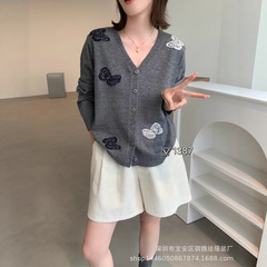 琪镌绘制秋季新款洋气针织女装上衣V领时尚提花长袖打底衫潮1387