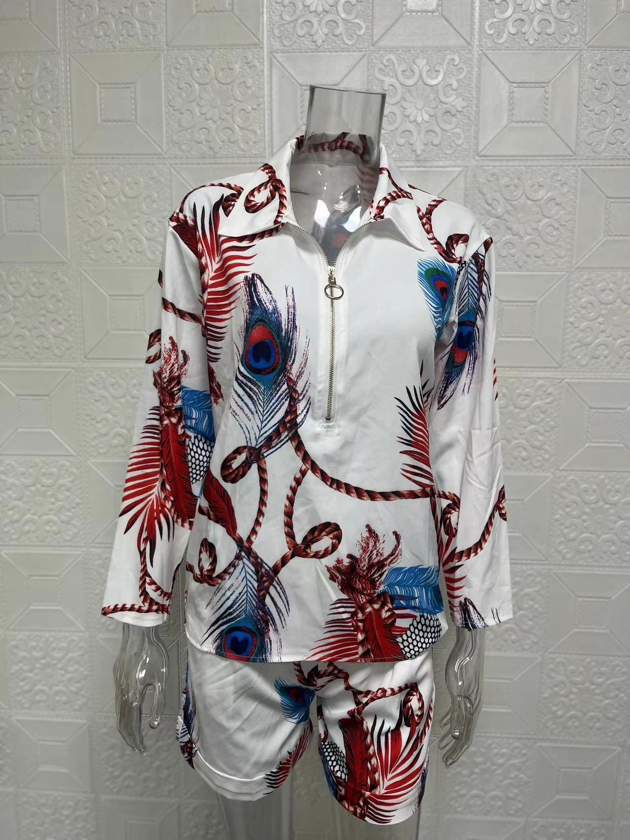 Ensemble deux pièces pour femmes, haut à manches longues, short imprimé avec fermeture éclair, nouvelle collection automne 2024_voghion.com