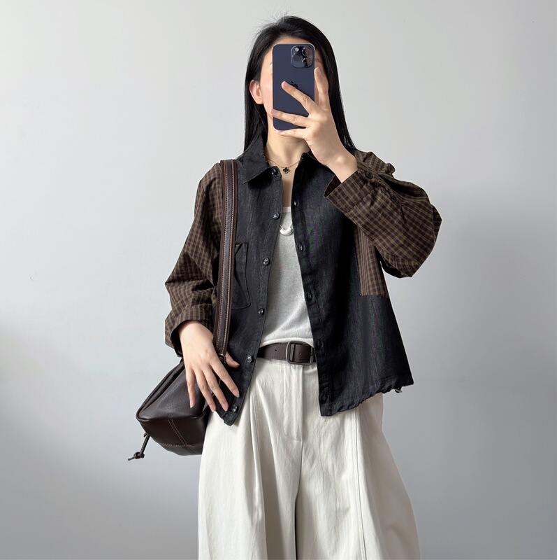 Plaid Denim Shirt 2026 Spring New Style Korean Fashion Color-Blocked Drawstring Lapel Casual Shirt for Women 1162 Plaid Denim Shirt 2026 Spring New Style Korean Fashion Color-Blocked Drawstring Lapel Casual Shirt for Women 1162