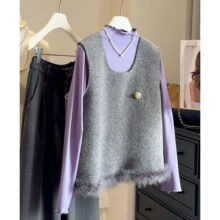 2025冬季新款气质小香风时尚套装女毛毛拼接马甲背心+加绒打底T恤