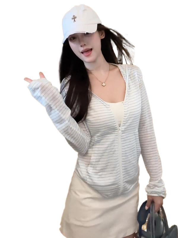 大码胖mm韩系条纹拉链防晒开衫女2025秋季新款修身显瘦百搭外套潮|undefined