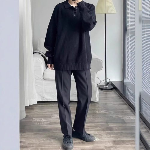 Pure Color Collar Sweater for Men - Autumn Simple and Versatile Hoodless Knit Top - Japanese Style Trendy Men Loose Knit Polo Shirt