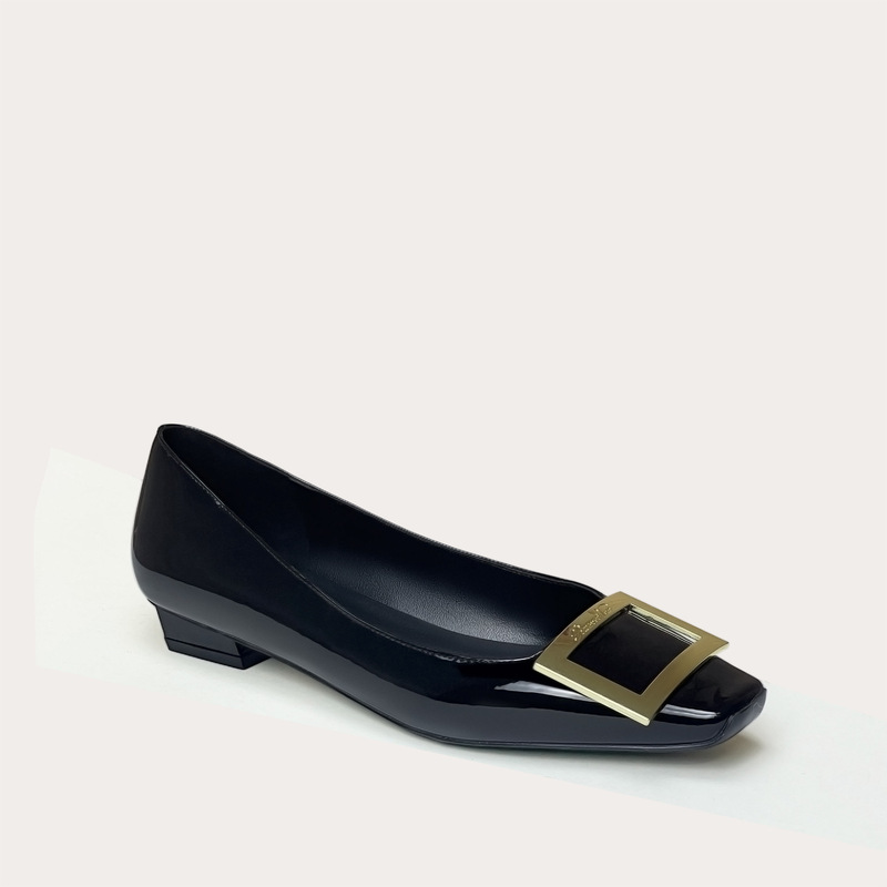 Rv High-End Women's Shoes with Square Toe, Shallow Mouth, Metal Square Buckle, Low Heel, Fashionable Versatile Slip-On Shoes in Various Sizes for Commuting