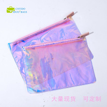 现货pvc镭射炫彩拉链袋开口车缝炫彩笔袋化妆品收纳袋防老化透明