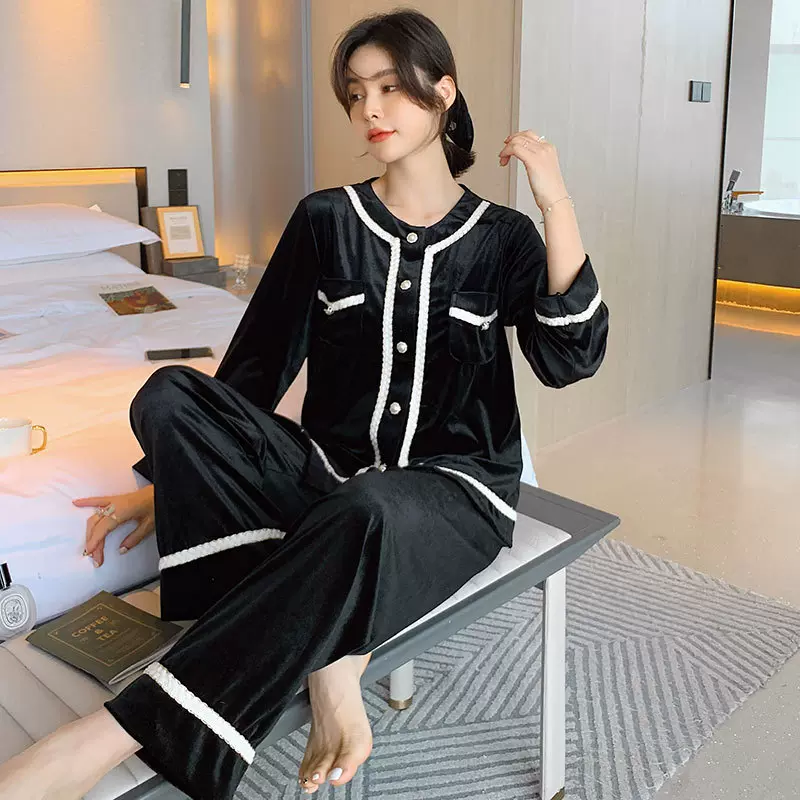 睡衣女秋冬季金丝绒长袖长裤两件套性感开衫女士休闲家居服可外穿