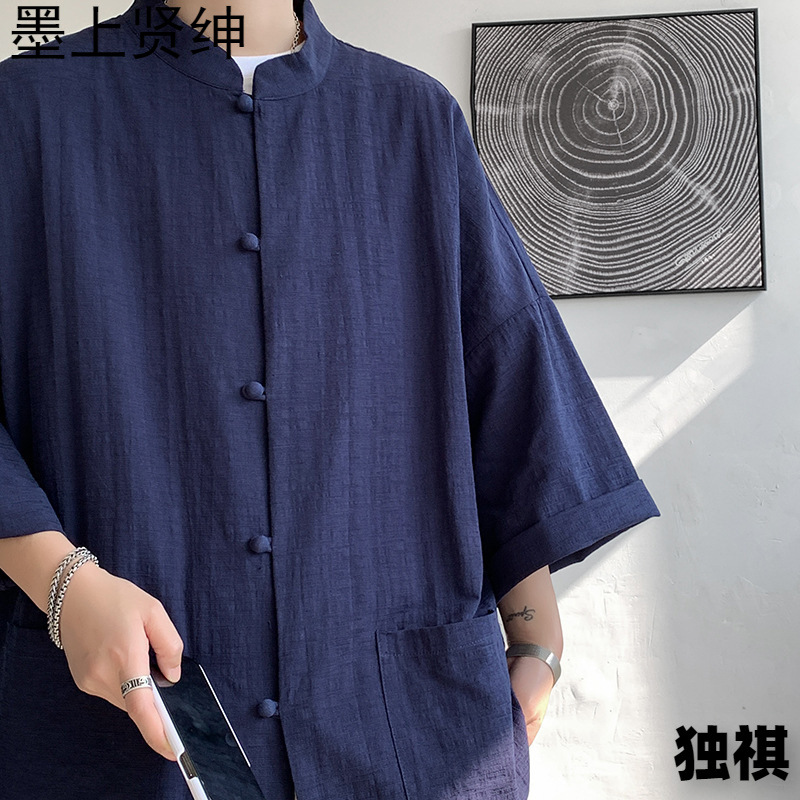 Camisa de manga de cinco puntos retro japonesa para hombre estilo fino de verano más fertilizante de talla grande nueva camisa de manga corta de algodón y lino de moda nacional de estilo chino