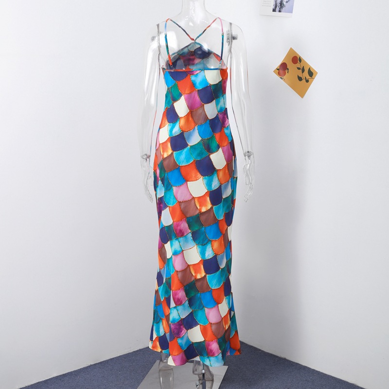 Women's Clothing Summer Women's Printed Dress Halter Neck Color Block Long Sleeveless Fashionable Elegant Sexy Women's Clothing_ecoleips.com