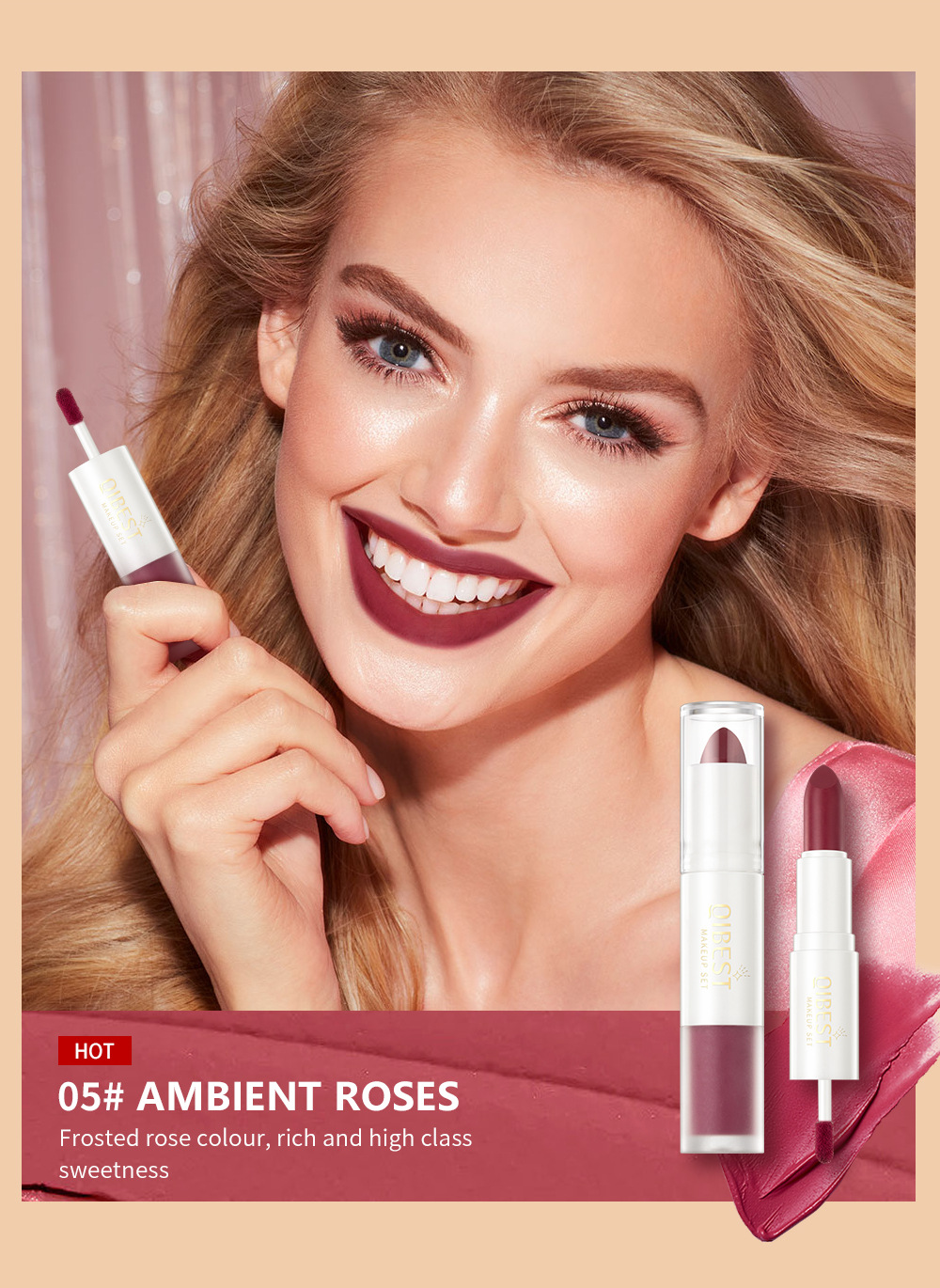 QIBEST double-headed velvet makes the lips look fair and red, does not fade easily, matte non-stick cup, long-lasting natural three-dimensional lip gloss, cross-border undefined