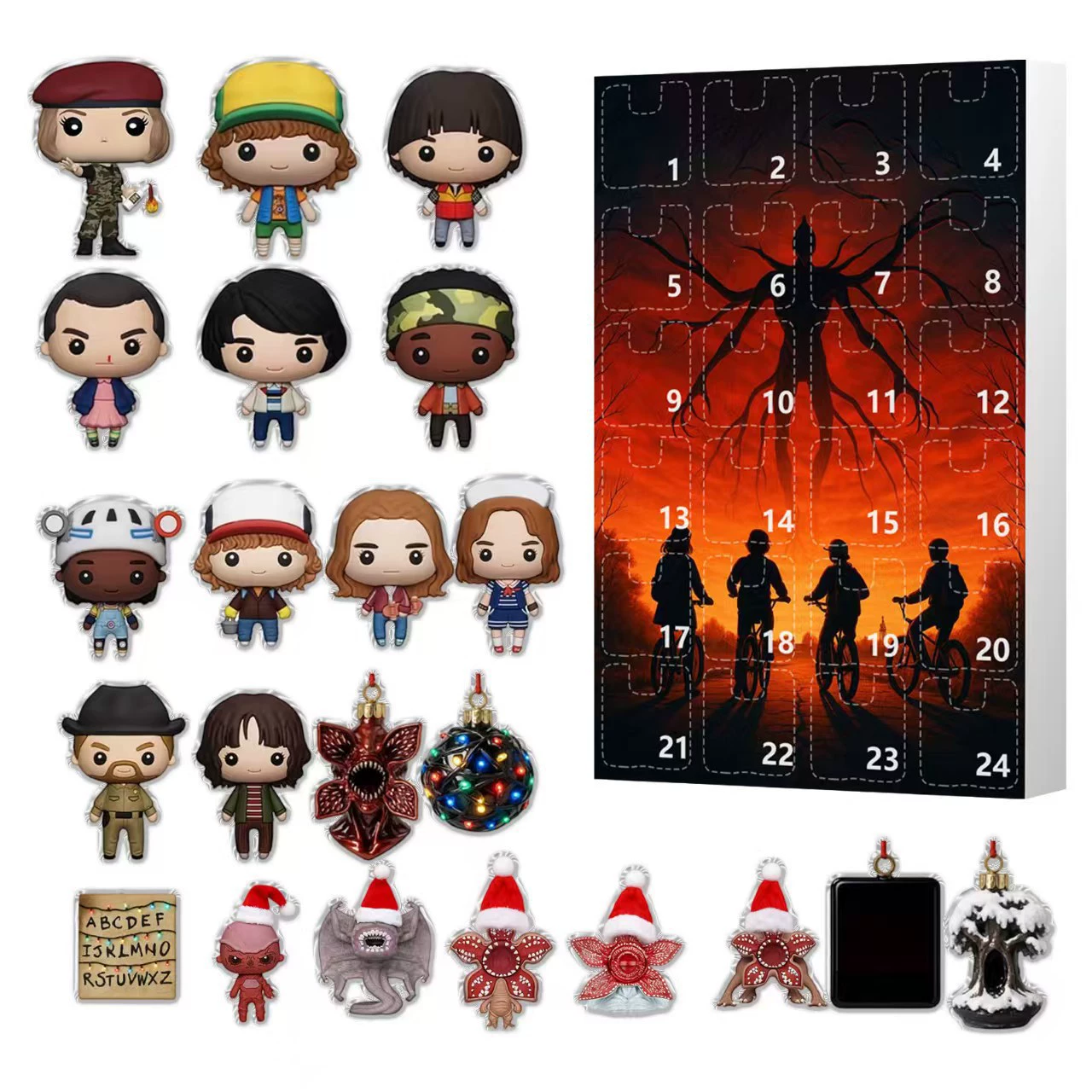 Календарь адвента (Stranger Things) акриловая подвеска обратного отсчета — 24 штуки в банке-орнаменты, размером 26×18×3 см
