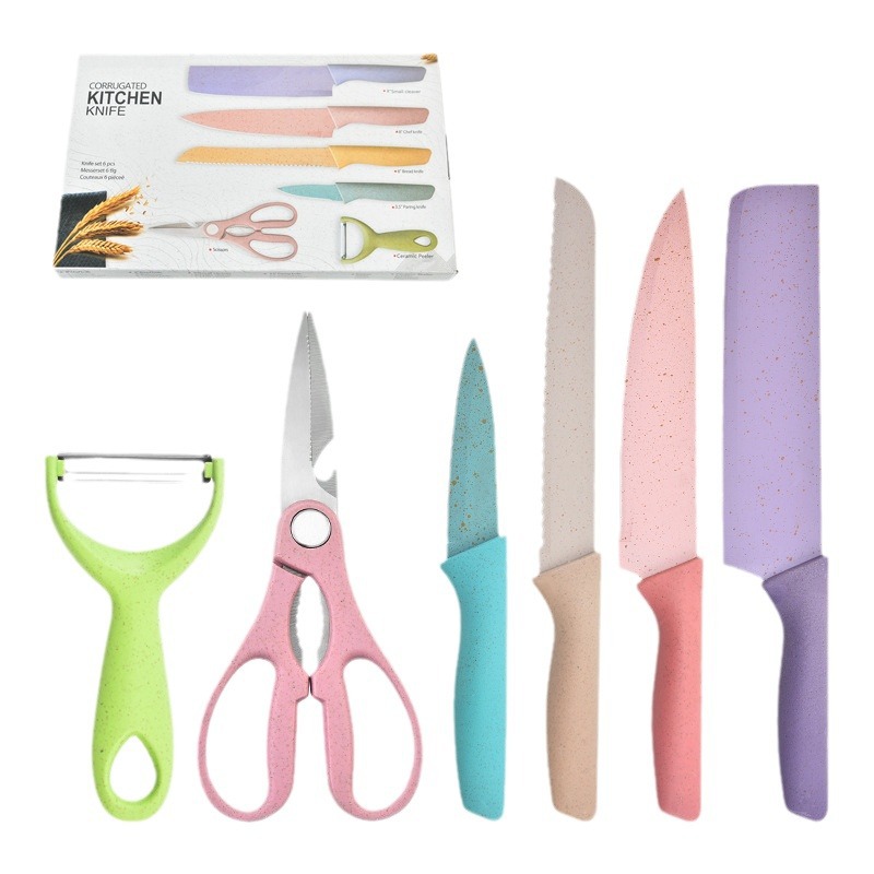 Comercio exterior transfronterizo exportación conjunto de cuchillos de cocina de paja de trigo de color seis piezas de cocina combinación de cuchillos de pintura de color