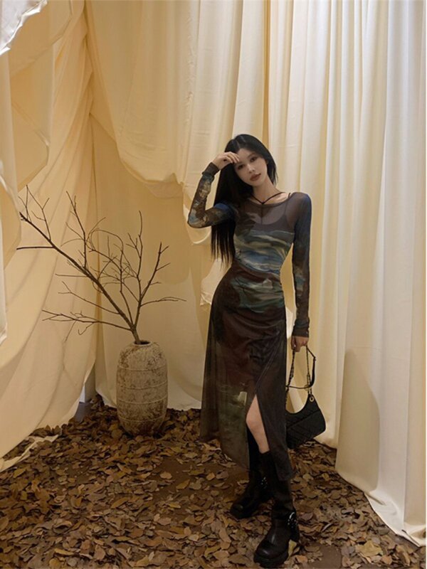 Beautiful Early Spring Slit Midi Dress with Tie-Dye Print, Mesh Long Sleeves, Unique Dress, Super Stylish Slip Dress Beautiful Early Spring Slit Midi Dress with Tie-Dye Print, Mesh Long Sleeves, Unique Dress, Super Stylish Slip Dress