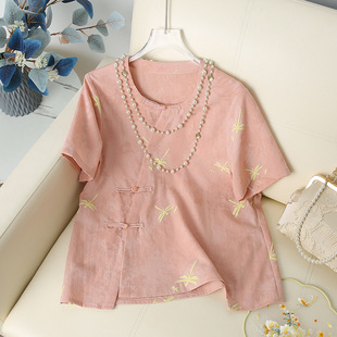 New Chinese-Style Improved Cheongsam Top for Mothers, Middle-Aged Women's Clothing, Chinese Style Retro Tencel Linen Small Stand-Up Collar T-Shirt