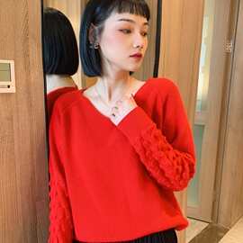 2022年新品高级羊毛混纺针织衫女 立体菠萝袖毛衣女 毛衣女