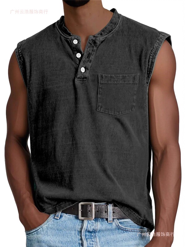 2026 European and American Cross-Border Men's Thin Vest with Henley Collar and Buttons for Fitness and Sports